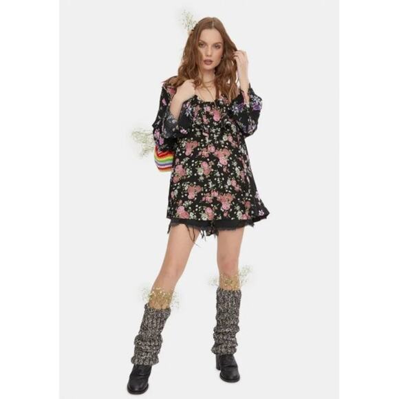Free People Loretta Black Floral Tunic Top Mini Trapeze Dress Small - Picture 3 of 8